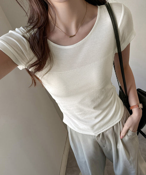 リブTシャツ 異素材切り替えカットソー レディース クルーネックt 大人可愛い 着回し 半袖カットソー おしゃれプルオーバー カジュアルtシャツ ベーシック通勤 617SY-007